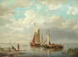 Cornelis Christiaan Dommersen, Pulling the boats ashore, oil on panel