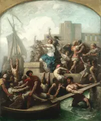 French School, 19th century, A quayside with soldiers returning from the war, oil on canvas