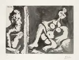 Pablo Picasso, Peintre et modèle avec un noeud dans les cheveux, 1964, Aquatinta, Reservage und Radierung auf Rives-Velin