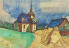 Hermann Glöckner, Kirche + Kornpuppen, 1950, Gouache auf Papier, im Künstler-Passepartout