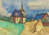 Hermann Glöckner, Kirche + Kornpuppen, 1950, Gouache auf Papier, im Künstler-Passepartout
