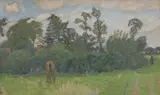Otto Modersohn, Fischerhuder Landschaft mit grasendem Pferd, 1917, Öl auf Holz