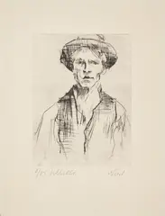 Rolf Nesch, Selbstbildnis (Selbstbildnis mit Hut), 1923, Kaltnadel auf hellgrauem Bütten