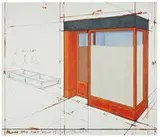 Christo, Orange Store Front, Project, 1991, Lithograph in colors, varnished with collage of brown wrapping paper, broadcloth, staples, acetate and galvanized iron sheet on Arches cover mounted to museum board