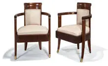 Pierre Patout, Armchairs from the First-Class dining room of the S.S, Normandie (2), c. 1935, Mahogany, bronze sabots, upholstered seat and back