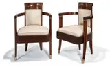Pierre Patout, Armchairs from the First-Class dining room of the S.S, Normandie (2), c. 1935, Mahogany, bronze sabots, upholstered seat and back