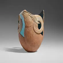 Rams vessel by Ron Layport, 2013, maple, pigment, sold Nov 2023