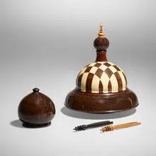 Chess set by Michael Mode, 2007, palm wood, ebony, holly, wenge, purple heart, boxwood, sold Nov 2023