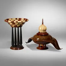 Michael Mode, Covered vessel and pedestal bowl, 2003, 2012, wenge, purple heart, pink ivory, holly, and bone