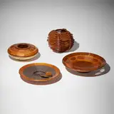Albert Clarke and Hap Sakwa, Collection of four vases and bowls, etched and sandblasted fir and redwood, maple