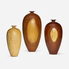 John Jordan, Collection of three vases, 1991-92, masur birch, mesquite, osage orange