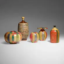 Howard Lewin, Collection of five vessels, 1992-93, dyed maple, walnut