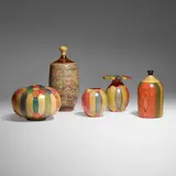 Howard Lewin, Collection of five vessels, 1992-93, dyed maple, walnut