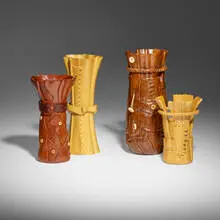 Collection of four trompe l'oeil vessels by Nikolai Ossipov, 1998, jelutong, mahogany, sold Nov 2023