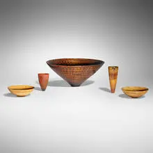 Mike Shuler, Collection of five vessels, 1986-87, pine cone, macassar ebony, dyed protea blossom, bird's-eye maple, Brazilian rosewood, zebrawood, resin