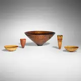 Mike Shuler, Collection of five vessels, 1986-87, pine cone, macassar ebony, dyed protea blossom, bird's-eye maple, Brazilian rosewood, zebrawood, resin