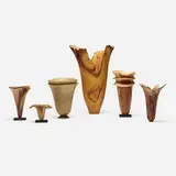 Dennis Stewart, Collection of six Natural Edge and Sculptural vessels, 1985-1991, mangrove, mistletoe oak, mesquite, acrylic