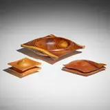 Vic Wood, Bowl and two boxes, c. 1995, osage orange, Australian snakewood, huon pine