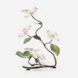 Dogwood blossoms and leaves on branch by Bovano of Cheshire, c. 1990, vitreous enamel fused to metal, enameled copper, sold Nov 2025