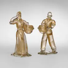 Figural candle holders, set of two by Barovier & attribution Toso, c. 1935, glass with gold leaf inclusions, sold Nov 2025