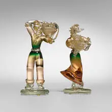 Murano, Figures, set of two, internally decorated glass with gold leaf