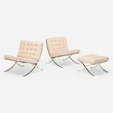 Barcelona chairs, pair and ottoman by Ludwig Mies van der Rohe, 1929 / 1998, leather, stainless steel, sold Nov 2025
