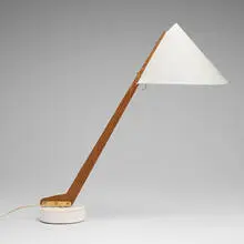 Hans Agne Jakobsson, Table lamp, model B54, c. 1955, enameled metal, teak, brass