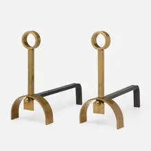 Andirons, pair by Modern, c. 1950, brass-plated steel, iron, sold Nov 2025