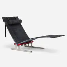 Erik Krogh, Flughstol chaise lounge, model EK9001, c. 1982, stainless steel, lacquered wood, upholstery, rubber