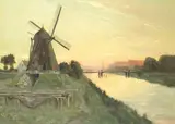 Harald Pryn, Windmill at sunset, Karrebaeksminde, Denmark, oil on canvas