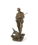 Hans Müller, bronze figural group of a huntsman and his dog, bronze