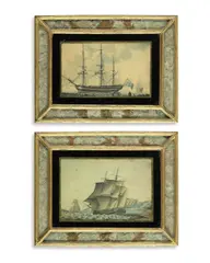 Samuel Atkins, Shipping scenes, a pair, pen and ink and watercolour, one with elements of collage