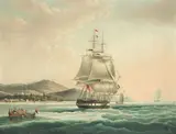 William John Huggins, The Honble East India Compys Ship William Fairlie. Commanded by Captain Thomas Blair. Leaving the Harbour of Prince of Wales' Island., oil on canvas laid to board