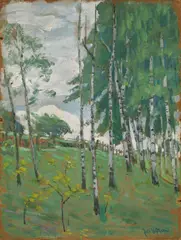 Julie Wolfthorn, Landschaft mit Birken, Öl auf Pappe