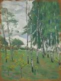 Julie Wolfthorn, Landschaft mit Birken, Öl auf Pappe