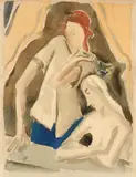 Karl Hofer, Zwei Mädchen am Fenster, Um 1925, Aquarell über Kreide auf leicht genarbtem Velin (Wasserzeichen: CANSON & MONTGOLFIER)