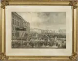 Karl Friedrich Schinkel, Typenrahmen mit dem Stahlstich der Huldigung König Friedrich Wilhelms IV. am Berliner Schloß, 1844, Um 1844, Kiefer, versilbert, goldlackiert; Blei, vergoldet. Eckpalmetten nach Schinkels Entwurf für Peter Christian Wilhelm Beuth / Aquatintaradierung von Friedrich Wilhelm Schwechten nach dem Gemälde von Franz Krüger
