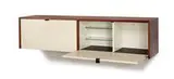 Florence Knoll, Fall Front Hanging cabinet, c. 1955, Walnut, lacquered wood, glass, leather pulls, applied black paper to section of interior