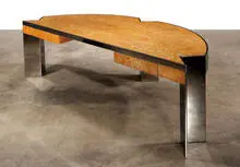 Leon Rosen, Mezzaluna desk with matching side table (2), 1992, Japanese Tamo wood top and polished stainless steel frame