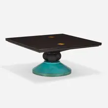 Korman dining table by Wendell Castle, 1989, dyed imbuia, satinwood, patinated brass, leather, sold Nov 2023