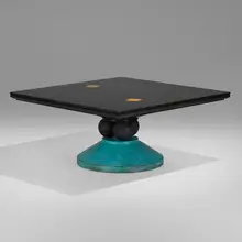 Korman dining table by Wendell Castle, 1989, dyed imbuia, satinwood, patinated brass, leather, sold Nov 2023