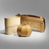 Baskets, set of three by Dona Look and Linda Bills, c. 1984-1990, various woods, bark, thread, sold Nov 2023