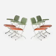 Warren McArthur, Folding chairs, set of four, c. 1930, leather upholstery, aluminum, steel