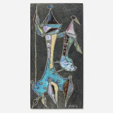 Wall plaque by Marcello Fantoni, c. 1955, glazed and incised stoneware, sold Nov 2025