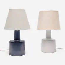 Table lamps model 105, set of two by Gordon and Jane Martz, c. 1955, glazed stoneware, linen shades, sold Nov 2025