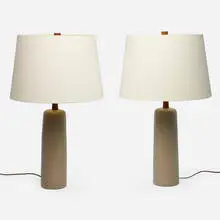 Gordon and Jane Martz, Table lamps, pair, c. 1955, glazed stoneware, walnut, linen shades
