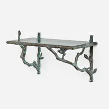 Wall shelf by Diego Giacometti, patinated iron, glass, sold Nov 2025