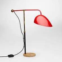 Angelo Brotto, Table lamp, model 5023, c. 1955, enameled metal, brass, gilt metal, marble