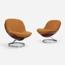 Boris Tabacoff, Sphere lounge chairs, pair, 1971, acrylic, suede upholstery, chrome-plated steel