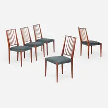 Josef Frank, Dining chairs, set of five, mahogany, suede leather upholstery